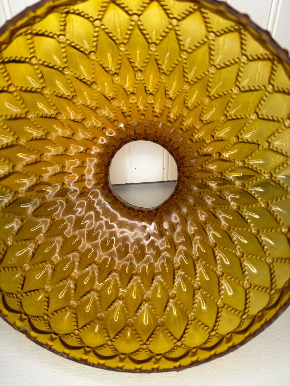 VTG Large 10” Fitter Amber Glass Hurricane Lamp Shade Diamond Quilted Ruffle